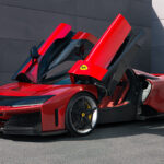 Red Ferrari F80 seen from the front three-quarter angle with both doors raised