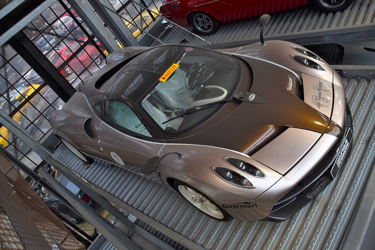 Pagani Huayra coupé, a 2014 example, viewed from the front three-quarter angle indoors